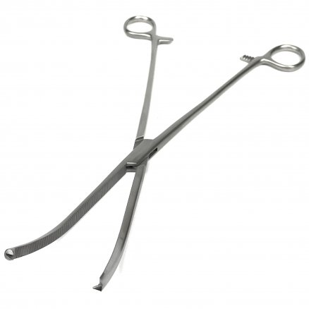 Затискач кровоспинний по Ochsner-Kocher, зубчатий, 1x2 зубці, зігнутий. Довжина 30 см